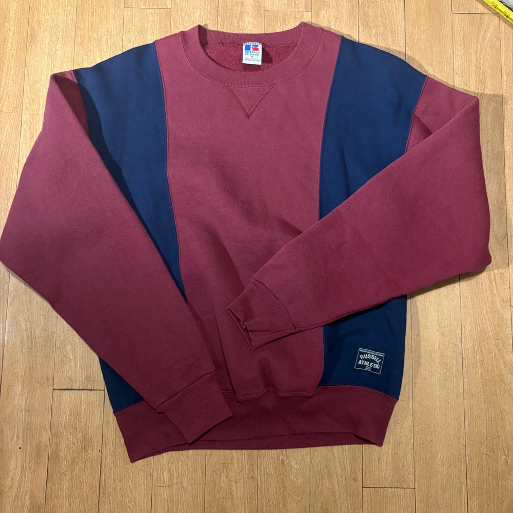 Vintage Russell Athletic Colorblock Sweatshirt Burgundy Navy Made in USA Mens M